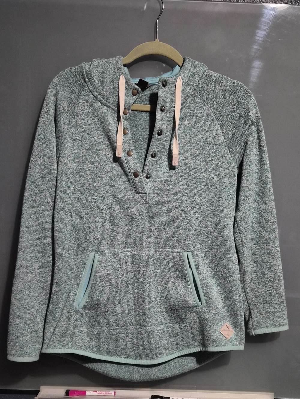 Eddie Bauer Heathered Mint Cowl-Neck Pullover with Snap Placket and Drawstring